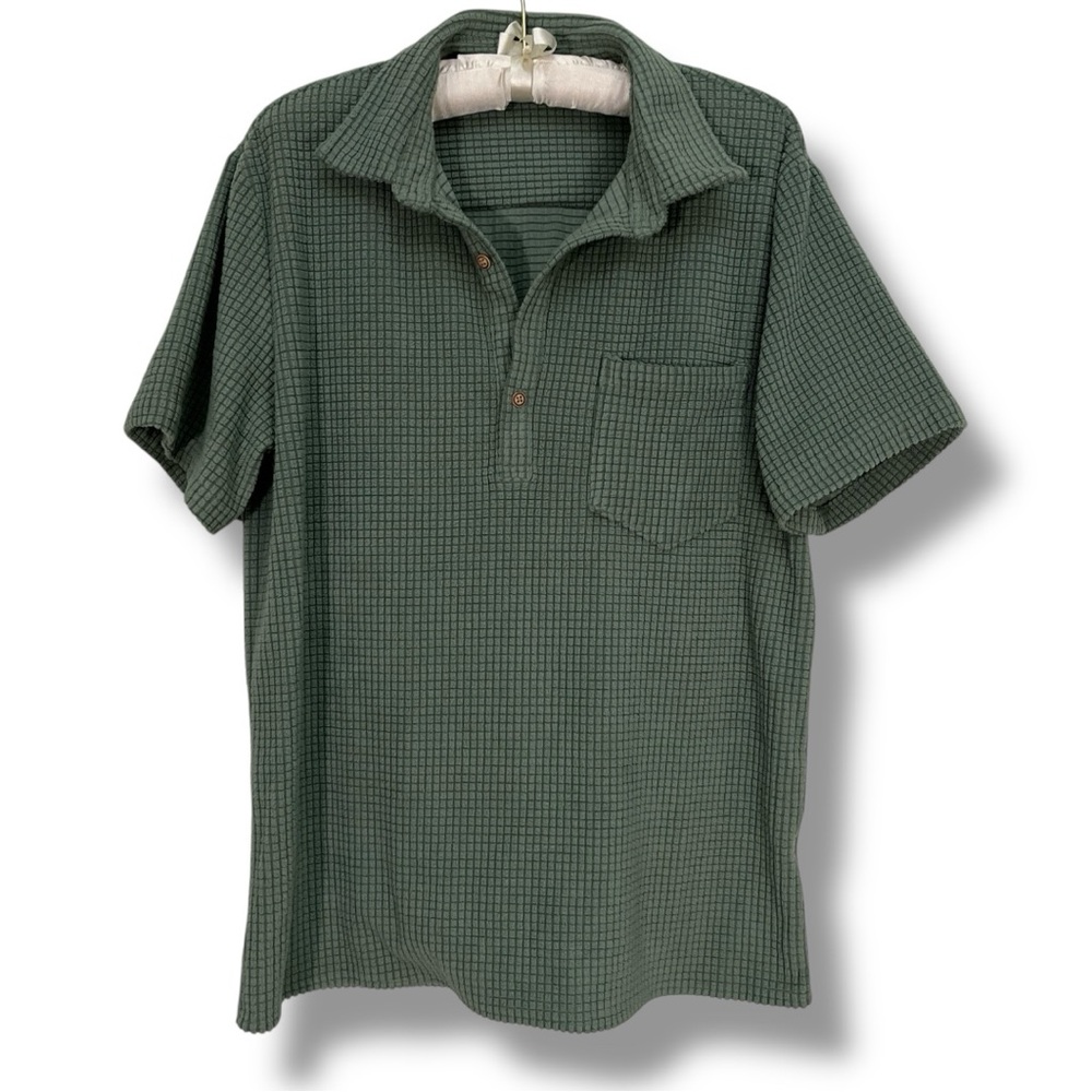 SHEIN Men's Green Polo Shirt Textured Checkered Fuzzy Plush Relaxed Surfer Sz M